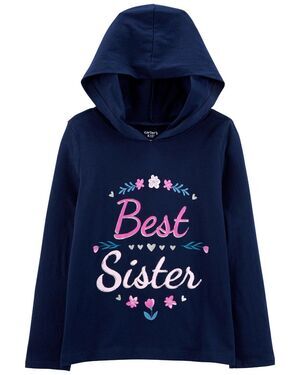 Carter's Kids Best Sister Hooded Tee 10/10A Blue Long Sleeve Cotton Pullover NWT